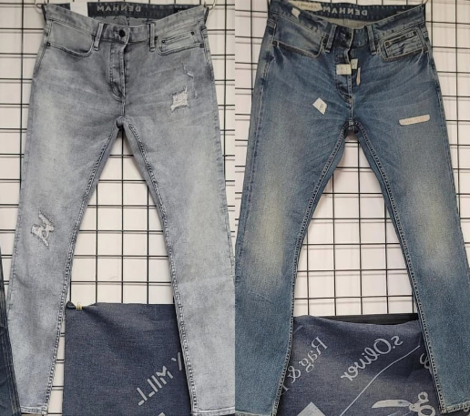 Comparison of light-wash and medium-wash denim jeans after finishing.