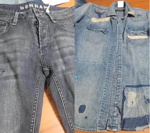 Washed dark denim jeans and a distressed denim shirt showing after-wash results.