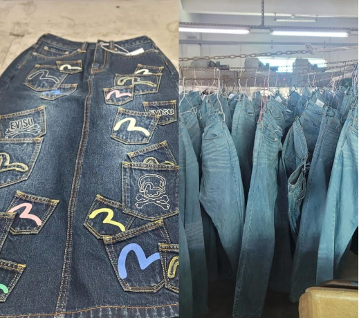 Denim skirt with pocket details and jeans hanging to dry after washing.